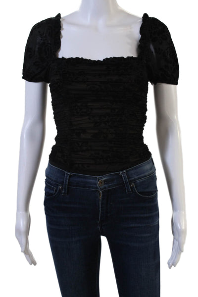 Majorelle Womens Bodysuit Black Floral Square Neck Short Sleeve Size XS
