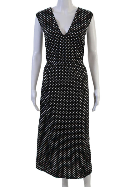 Designer WMaria McManus Women Maxi Dress Black Polka Dot 100% Cotton V-Neck Slee