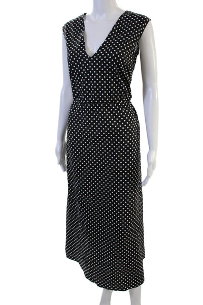 Designer WMaria McManus Women Maxi Dress Black Polka Dot 100% Cotton V-Neck Slee