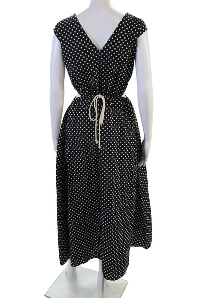 Designer WMaria McManus Women Maxi Dress Black Polka Dot 100% Cotton V-Neck Slee