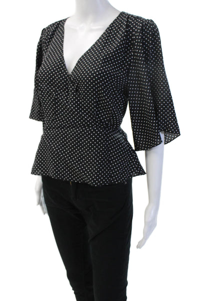 7 For All Mankind Women Silk Black Polka Dot V-Neck Blouse 3/4 Sleeve Size S