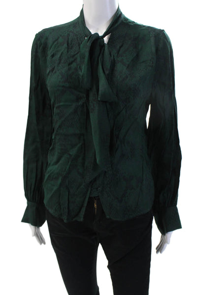 7 For All Mankind Women Green Snake Print High Neck Long Sleeve Blouse Size XS