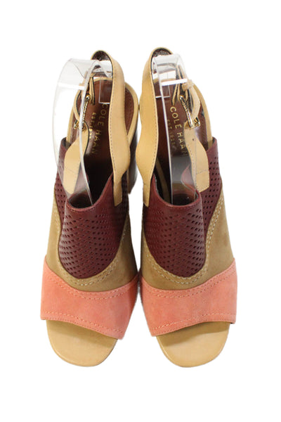 Cole Haan Women's Open Toe Suede Block Heels Slingback Sandals Brown Size 8