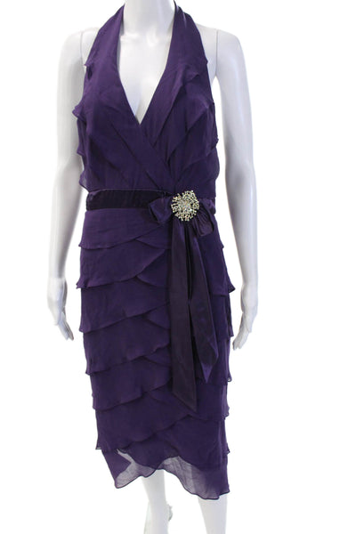 Tadashi Women Wrap Dress Purple Silk V Neck Sleeveless Knee Length Size 10