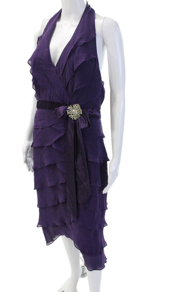 Tadashi Women Wrap Dress Purple Silk V Neck Sleeveless Knee Length Size 10