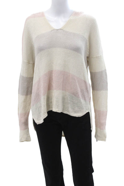 360 Sweater Unisex Beige Striped V-Neck Linen Pullover Size S