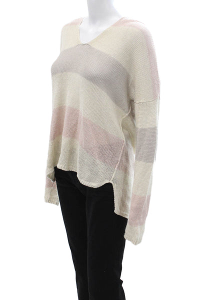 360 Sweater Unisex Beige Striped V-Neck Linen Pullover Size S