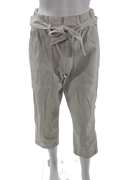 Amo Womens Cropped Paperbag Pants Beige Drawstring Size 26