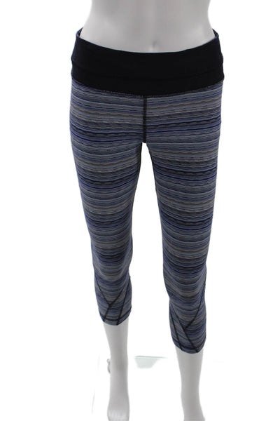 Lululemon Women Capri Cropped Leggings Blue Striped Nylon Zip Aztec Size 6