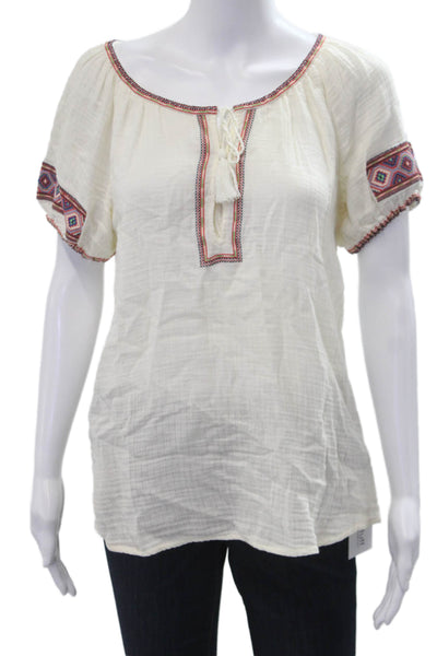 J Crew Women Tunic Blouse White Geometric Round Neck Short Sleeve Size 2XS