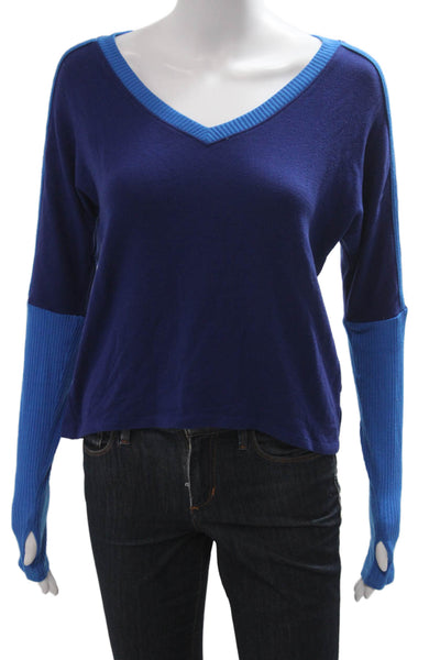 Red Haute Womens Cropped Silk V-Neck Solid Dark Blue Sweater Longsleeve Size XS