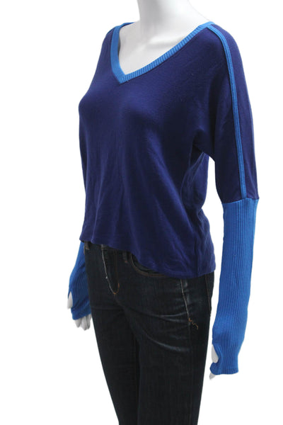 Red Haute Womens Cropped Silk V-Neck Solid Dark Blue Sweater Longsleeve Size XS