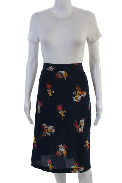 Madewell Women A-Line Wrap Silk Floral Knee Length Skirt Dark Blue Size M