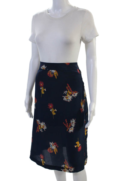 Madewell Women A-Line Wrap Silk Floral Knee Length Skirt Dark Blue Size M