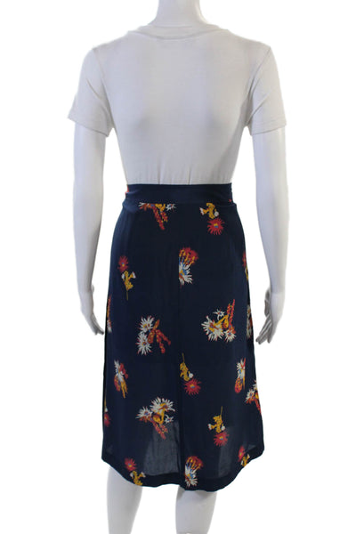 Madewell Women A-Line Wrap Silk Floral Knee Length Skirt Dark Blue Size M