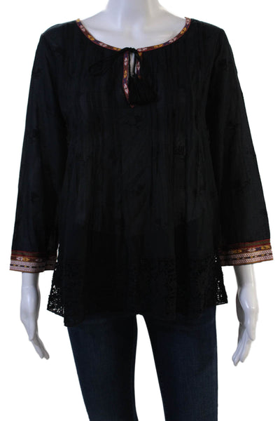 Joie Women Tunic Black Cotton 3/4 Sleeve Round Neck Bohemian Size S