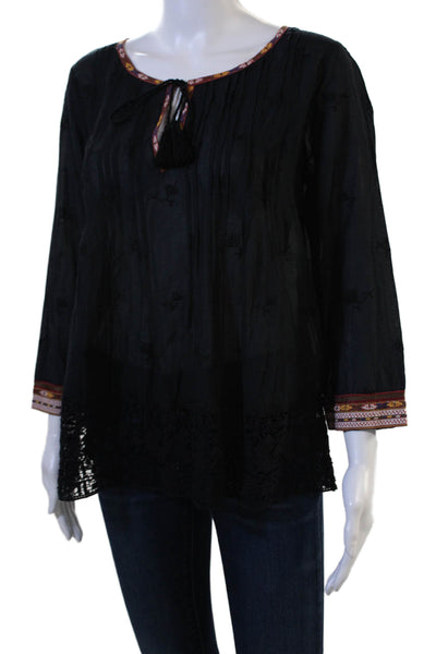 Joie Women Tunic Black Cotton 3/4 Sleeve Round Neck Bohemian Size S