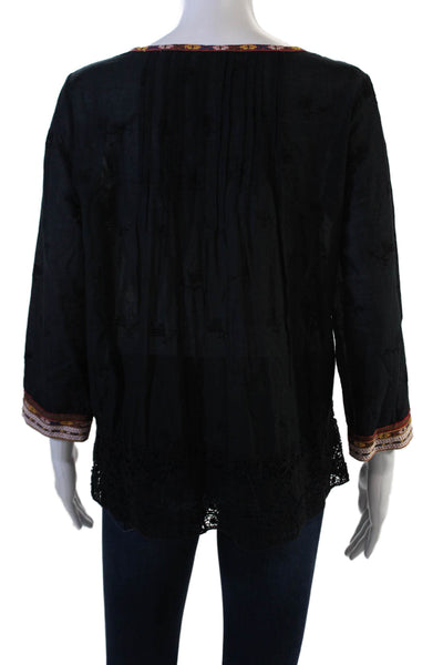 Joie Women Tunic Black Cotton 3/4 Sleeve Round Neck Bohemian Size S