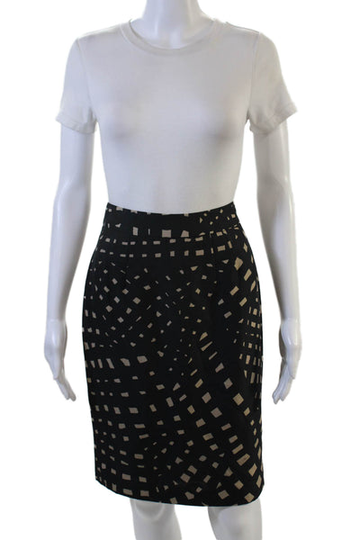 Trina Turk Women Straight Pencil Silk Geometric Knee Length Skirt Black Size 2