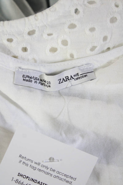 Zara Women Bohemian Camisole White Sleeveless Round Neck Cotton Blend Size M