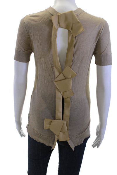 Lanvin Women Silk Crew Neck T-Shirt Beige Short Sleeve Tie Size XS