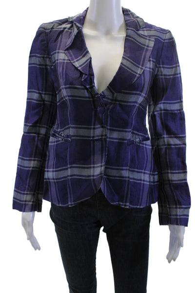 Emporio Armani Women Purple Silk Plaid Button Long Sleeve Blazer Size S
