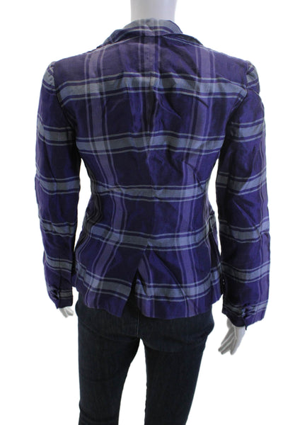 Emporio Armani Women Purple Silk Plaid Button Long Sleeve Blazer Size S