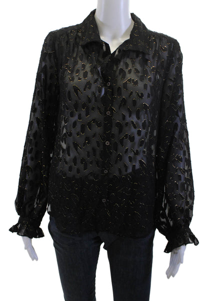 Vince Camuto Women Black Animal Print Long Sleeve Blouse Buttonup Size XS