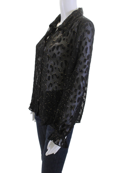 Vince Camuto Women Black Animal Print Long Sleeve Blouse Buttonup Size XS