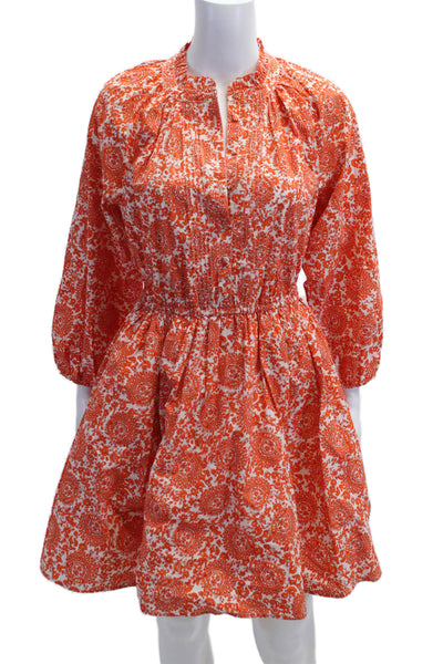 J Crew Womens Fit & Flare Shirt Dress Orange Paisley 3/4 Sleeve Cotton Size XS
