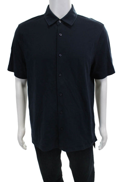 Tahari Mens Button Down Short Sleeves Shirt Navy Blue Cotton Size Medium