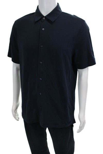 Tahari Mens Button Down Short Sleeves Shirt Navy Blue Cotton Size Medium