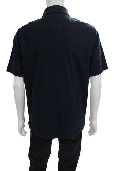 Tahari Mens Button Down Short Sleeves Shirt Navy Blue Cotton Size Medium
