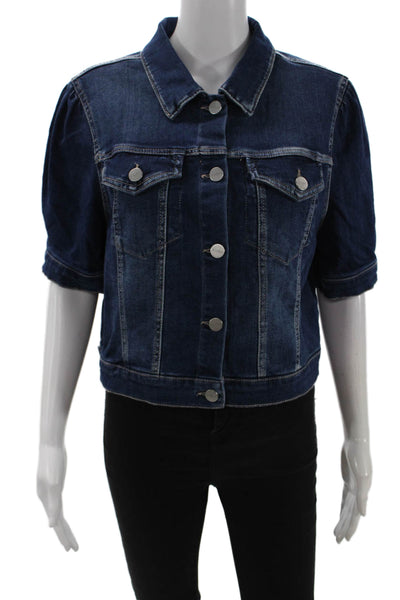 Risen Womens Dark Blue Button Collared Short Sleeve Solid Jacket 90s Size M