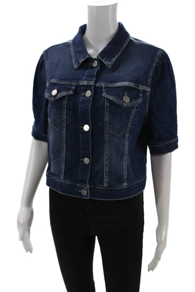 Risen Womens Dark Blue Button Collared Short Sleeve Solid Jacket 90s Size M