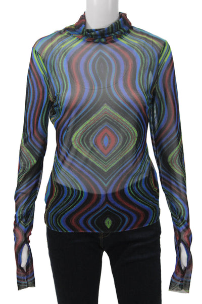 AFRM Womens Black Geometric Mock Neck Long Sleeve Top Size L