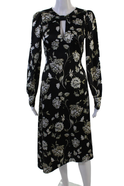 ML Monique Lhuillier Women ALine Black Silk Floral Longsleeve Knee Dress Size 2
