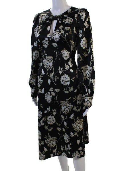 ML Monique Lhuillier Women ALine Black Silk Floral Longsleeve Knee Dress Size 2