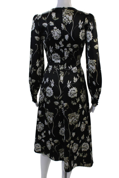 ML Monique Lhuillier Women ALine Black Silk Floral Longsleeve Knee Dress Size 2