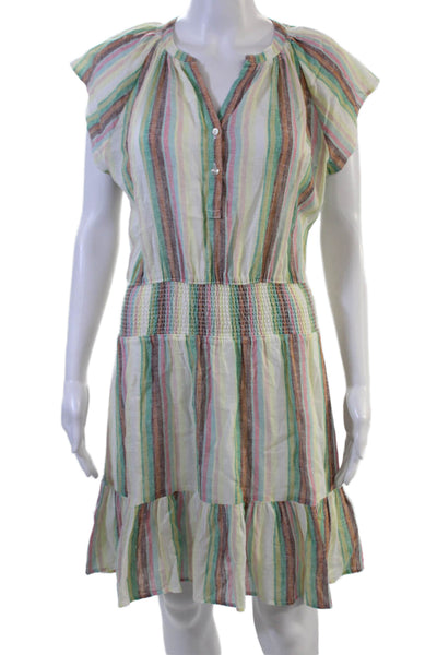 Rails Womens Striped Petite Shirt Dress Brown V Neck Short Sleeve Linen Size XS