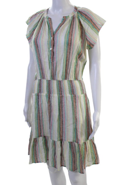 Rails Womens Striped Petite Shirt Dress Brown V Neck Short Sleeve Linen Size XS