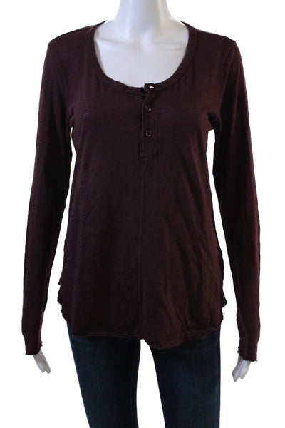 Bobi Womens Basic Button Up Brown Cotton Round Neck Long Sleeve Top Size M