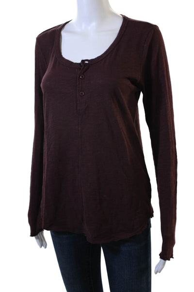 Bobi Womens Basic Button Up Brown Cotton Round Neck Long Sleeve Top Size M