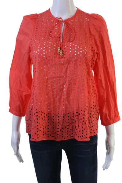 Peter Som Women Orange Cotton Boho Round Neck 3/4 Sleeve Button Blouse Size XS