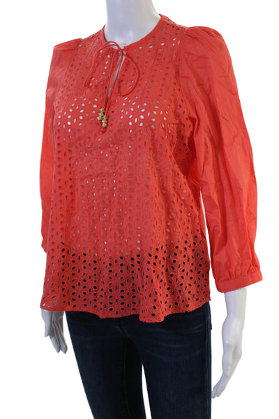 Peter Som Women Orange Cotton Boho Round Neck 3/4 Sleeve Button Blouse Size XS
