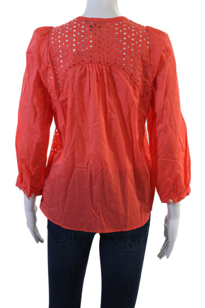 Peter Som Women Orange Cotton Boho Round Neck 3/4 Sleeve Button Blouse Size XS