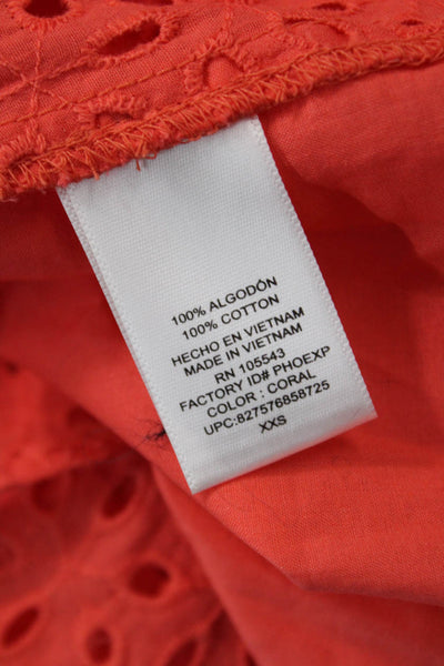 Peter Som Women Orange Cotton Boho Round Neck 3/4 Sleeve Button Blouse Size XS