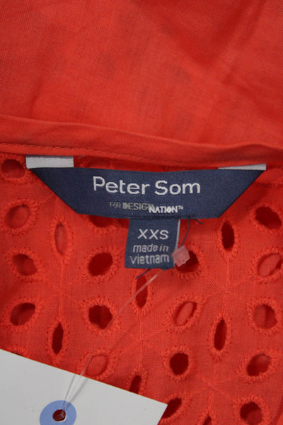 Peter Som Women Orange Cotton Boho Round Neck 3/4 Sleeve Button Blouse Size XS