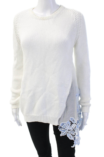 No21 Women Pullover White 100% Cotton Crew Neck Long Sleeve Floral Size S