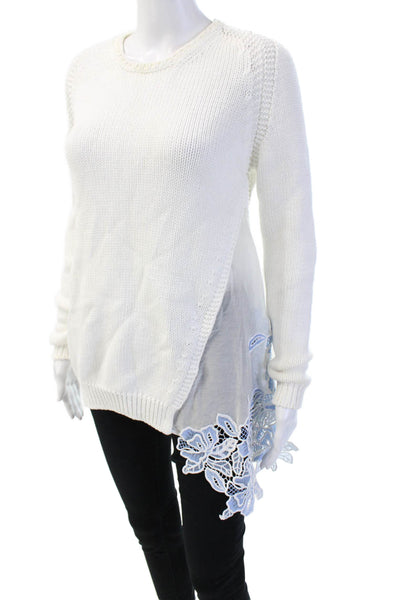 No21 Women Pullover White 100% Cotton Crew Neck Long Sleeve Floral Size S